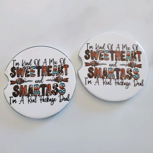 Set Of 2 Ceramic Funny Car Coasters SWEETHEART and SMARTA$$ - Picture 1 of 5